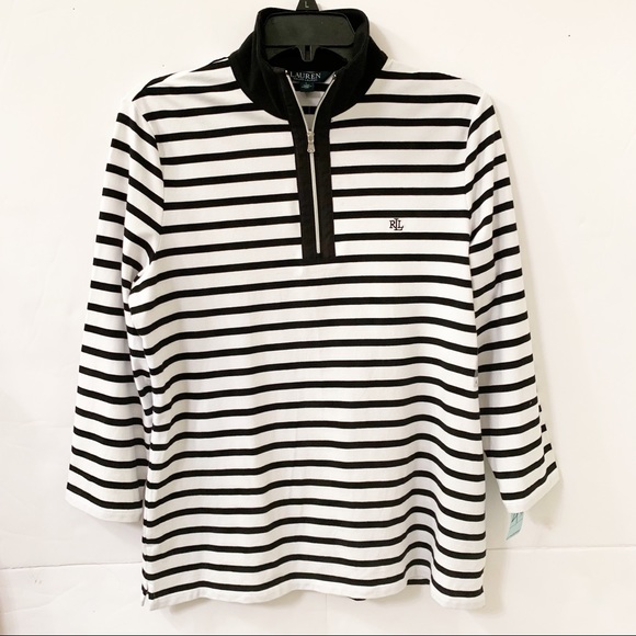 black and white striped long sleeve polo